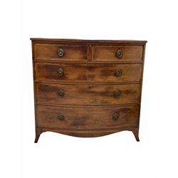 Late Georgian mahogany bow front chest of drawers, the two short and three long drawers over shaped apron terminating in splayed supports W118cm, H104cm, D55cm