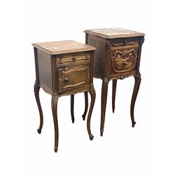 Near pair of Early 20th century French walnut bedside cupboards, both with marble top over one drawer and cupboard with marble lining, raised on slender carved supports