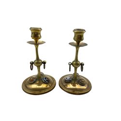Pair of Arts and Crafts brass and copper candlesticks, each set with three banded agate cabochons, H18cm  