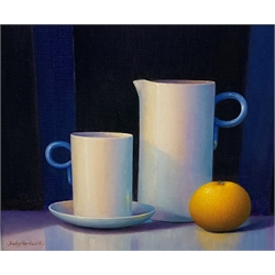 Trisha Hardwick (British 1949-) 'Todjiki 2000' oil on canvas of a jug, mug and an orange,  signed, 24cm x 29cm
ARR may apply to this lot