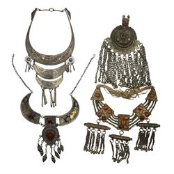 Hmong white metal collar, together with three other Eastern necklaces (4)