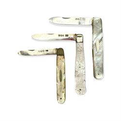 Silver bladed and mother of pearl fruit knife Sheffield 1911 and two others