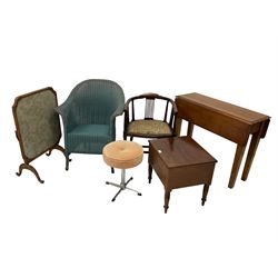 Lloyd Loom of Spalding chair; oak rectangular drop-leaf table; walnut framed firescreen, elbow chair, dressing table stool, bedside table with hinged top