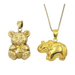 9ct gold elephant pendant, on silver-gilt necklace chain and a 9ct gold teddy pendant