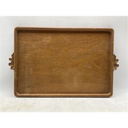 'Oakleafman' rectangular oak tray with carved oakleaf signature handles by David Langstaff of Easingwold, 47cm x 29cm 