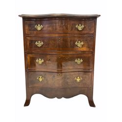 Georgian style figured walnut serpentine front chest, the cross banded top over four graduated drawers, shaped apron and splayed bracket supports