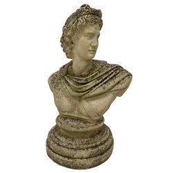 Composite stone bust of Apollo, raised on a circular base