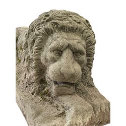 Pair composite stone recumbent lions on naturalistic base
