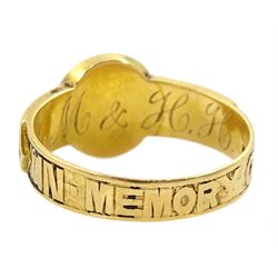 Victorian 18ct gold 'In Memory Of' memorial ring, pearl set and black enamel head, with enamel shoulders, London 1888