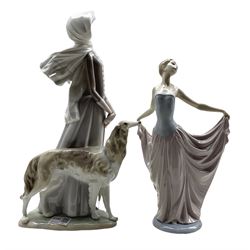 Lladro figure of a dancer no. 5050 and another modelled as a lady walking a Borzoi H40cm (a/f)