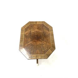 Regency design wine table, the octagonal rosewood top with mahogany crossband and chequered string inlay over turned column and three out splayed supports with brass cup and ball feet, 46cm x 38cm, H70cm