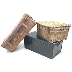 Early 20th century black painted tin travelling trunk (W90cm) together with a leather travelling suitcase (W94cm) and two wicker lidded baskets