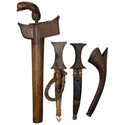 Indonesian Kris with waved watered blade and carved handle, small ceremonial club and two knives and sheaths (4)