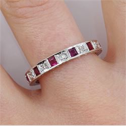 White gold calibre cut ruby and round diamond full eternity ring, with engraved sides, stamped 18ct