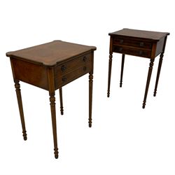 Pair of figured walnut side tables, rectangular reed moulded top with extending circular terminals, inlaid with satinwood band and ebony stringing, fitted with two drawers, on turned and fluted supports 