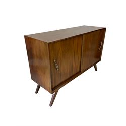 Mahogany sideboard, the sliding doors opening to reveal one shelf, raised on square tapering supports 
