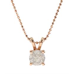 18ct rose gold single stone round brilliant cut diamond pendant, on rose gold-plated silver chain, diamond 0.90 carat, with World Gemological Institute report