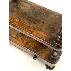 Victorian inlaid walnut Canterbury three tier whatnot, with chased brass three quarter gallery, each tier raised on turned spindle supports, one drawer to base, H119cm