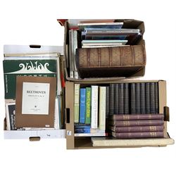Box of sheet music, leather bound bible with metal clasps and two boxes of books
