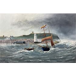 Robert Sheader (British 20th century): Leaving Scarborough Harbour under Stormy Skies, oil on board signed 49cm x 75cm
