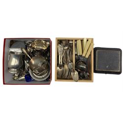 Quantity of silver plate to include cutlery, salt cellar, sugar tongs, milk jug, sugar bowl, tea strainer etc. in two boxes
