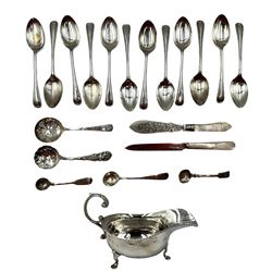 Set of six silver bead edge tea spoons Sheffield 1888/90, six matching spoons 1898, small silver sauce boat, two sifting spoons, various condiment spoons etc 12oz weighable silver  