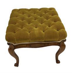 Victorian walnut stool, the buttoned and upholstered seat raised on cabriole supports 