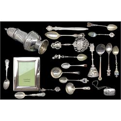 Silver vase shape sugar caster H15cm London 1967 Maker Nat Joseph, small silver photograph frame by Mappin and Webb 12cm x 9cm, silver caddy spoon, number of continental ornamental spoons etc  