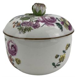 18th century Meissen sugar bowl and cover, with flower knop finial and painted throughout with botanical studies, blue crossed swords mark beneath, D11cm. Provenance: From the Estate of the late Dowager Lady St Oswald