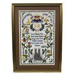 Queen Elizabeth Coronation Sampler, worked in bright colours with Westminster Abbey, motto and floral decoration, in unglazed frame, 45cm x 29cm 