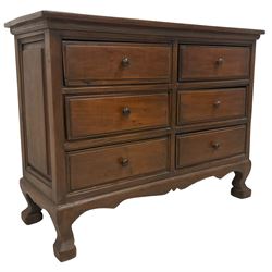 Hardwood chest, rectangular top over six drawers, on angular cabriole feet