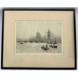 Rowland Langmaid (British 1897-1956): Westminster Bridge, engraving of rowing boats before Westminster and Parliament, signed in pencil 23cm x 34cm