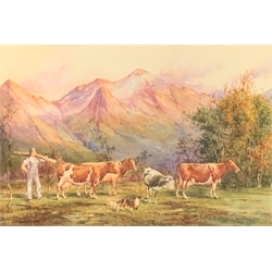J McQueen Moyes - Mountain landscape with cattle in foreground, watercolour signed and date 1853, 25cm x 36cm 