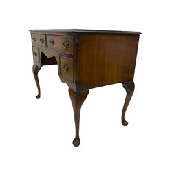 Queen Anne style walnut kneehole writing table, the moulded rectangular top with inset leather, fitted with four drawers, raised on shell carved cabriole supports W99cm, H55cm, D77cm