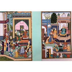 Collection of 5 Indo-Persian paintings on silk including elephant procession scenes together with collection of Persian prints on paper and watercolour on card of a warrior max 28cm x 38cm (9) 