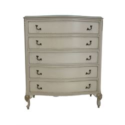 French style cream painted serpentine front five height chest with gilt detail, raised on acanthus carved cabriole supports W92cm, H108cm, D49cm