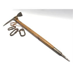 Austrian ice axe by Stubai with wooden shaft L83cm and three carabiner by the same maker