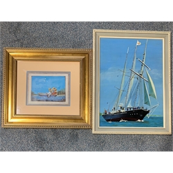 Sean Aherne - oil on board of two children in a boat, 22cm x 28cm and Don Lazenby - oil on board of TSS Winston Churchill 60cm x 43cm (2)