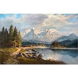 After W Hendriks: Mountain Lakeside landscape, continental reproduction oil on canvas 60cm x 90cm