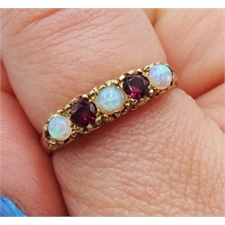 9ct gold five stone opal and garnet ring, hallmarked