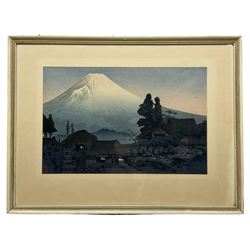 Takahashi Shotei (Japanese 1871-1944): Fuji from Mizukubo - Evening, colour woodblock print signed with artist stamp 23cm x 36cm