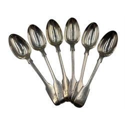 Set of six Victorian silver fiddle patten teaspoons engraved with initials by Henry Holland, London 1850 (6)