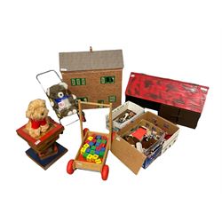 Dolls house and some furniture, diecast vehicles, teddy bears, dolls pram, wooden stand in the form of books etc
