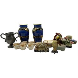 Pair of Noritake oviform vases decorated with flowers and birds on a blue ground H24cm, six Japanese coffee cans and five saucers, soapstone ornaments, Swatow pewter two handled cup etc
