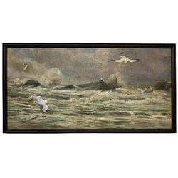 James Arthur Henry Jameson (Irish 1855–1930): Seagulls and Rocky Seascape, oil on board signed and dated '87, 45cm x 81cm