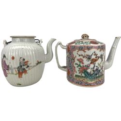 19th century Chinese famille rose teapot, of cylindrical form with entwined handle and gilt fruit knop, the body painted with reserves of birds perched on a flowering branch within a gilt and iron red scroll cartouche, H10cm, together with a 19th century Chinese famille rose teapot, of ribbed ovoid form, painted with figures in a landscape (2) Provenance: From the Estate of the late Dowager Lady St Oswald