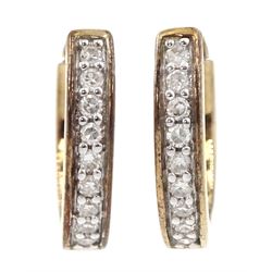 Pair of 9ct gold channel set diamond hoop earrings, hallmarked