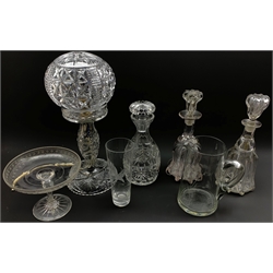 Pair of Victorian glass bell shape decanters, cut glass decanter, cut glass table lamp and shade, glass tazza and two other items