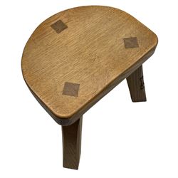 'Catman' oak three-legged milking stool, D-shaped seat with wedged joints, carved with long-necked cat signature, by Chris Checkfield of Whitby 