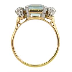 Mid 20th century mixed emerald cut aquamarine and old cut diamond three stone ring, aquamarine approx 3.00 carat, total diamond weight approx 0.33 carat